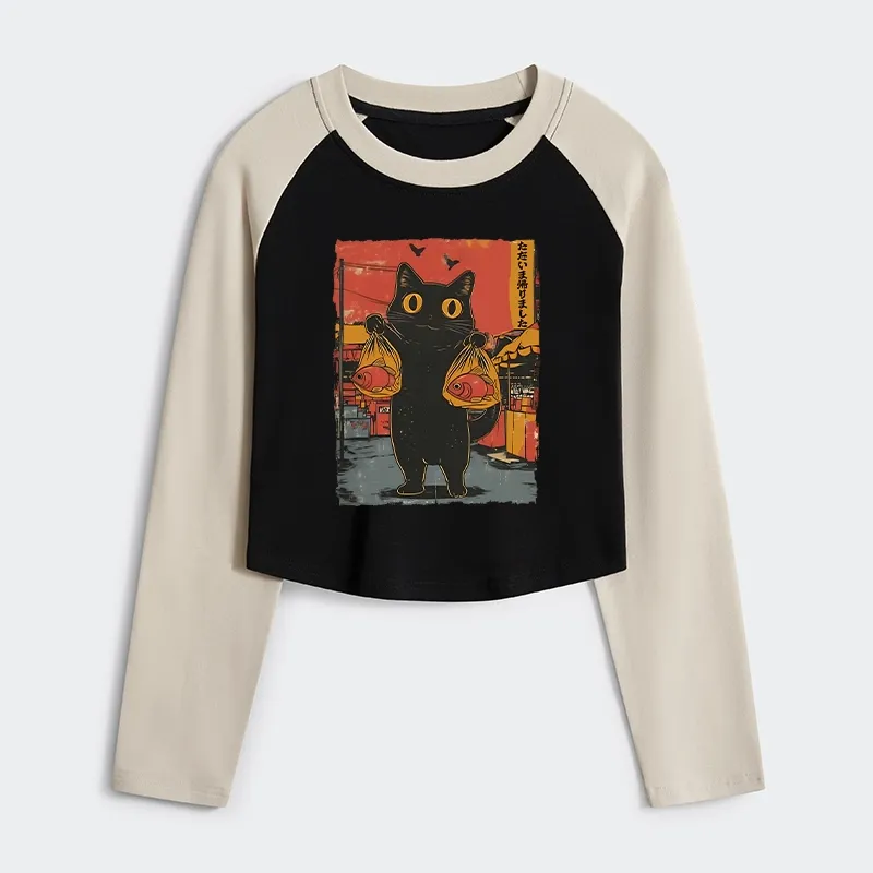 Tokyo-Tiger Cat Fishing Japanese Women's Crop Raglan T-Shirt