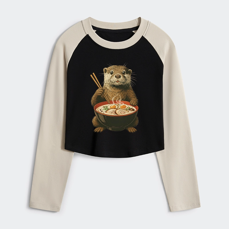 Tokyo-Tiger Japanese Otter Eating Ramen Women's Crop Raglan T-Shirt