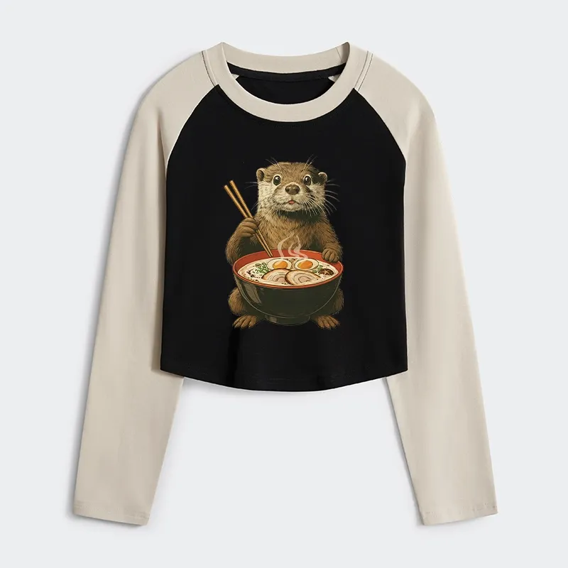 Tokyo-Tiger Japanese Otter Eating Ramen Women's Crop Raglan T-Shirt