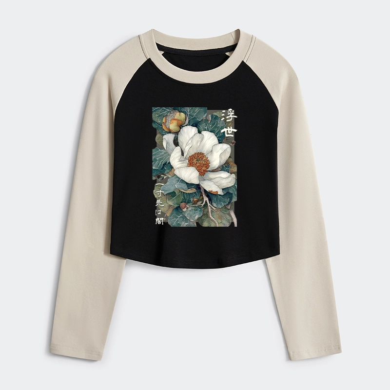 Tokyo-Tiger Ukiyoe Magnolia Flower Poster Women's Crop Raglan T-Shirt