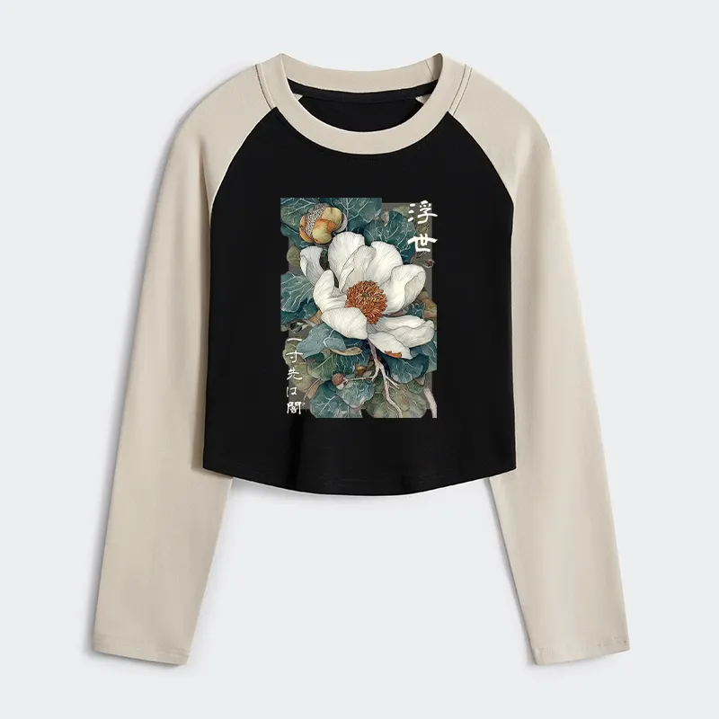Tokyo-Tiger Ukiyoe Magnolia Flower Poster Women's Crop Raglan T-Shirt