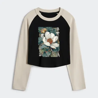 Tokyo-Tiger Ukiyoe Magnolia Flower Poster Women's Crop Raglan T-Shirt