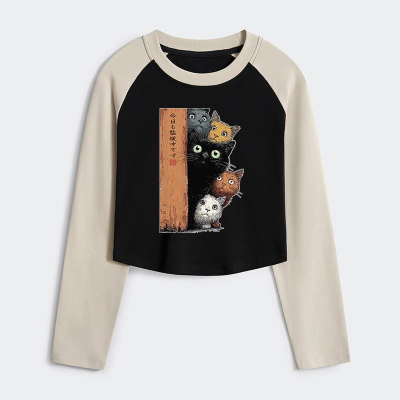 Tokyo-Tiger Five Cats Are Watching You Women's Crop Raglan T-Shirt
