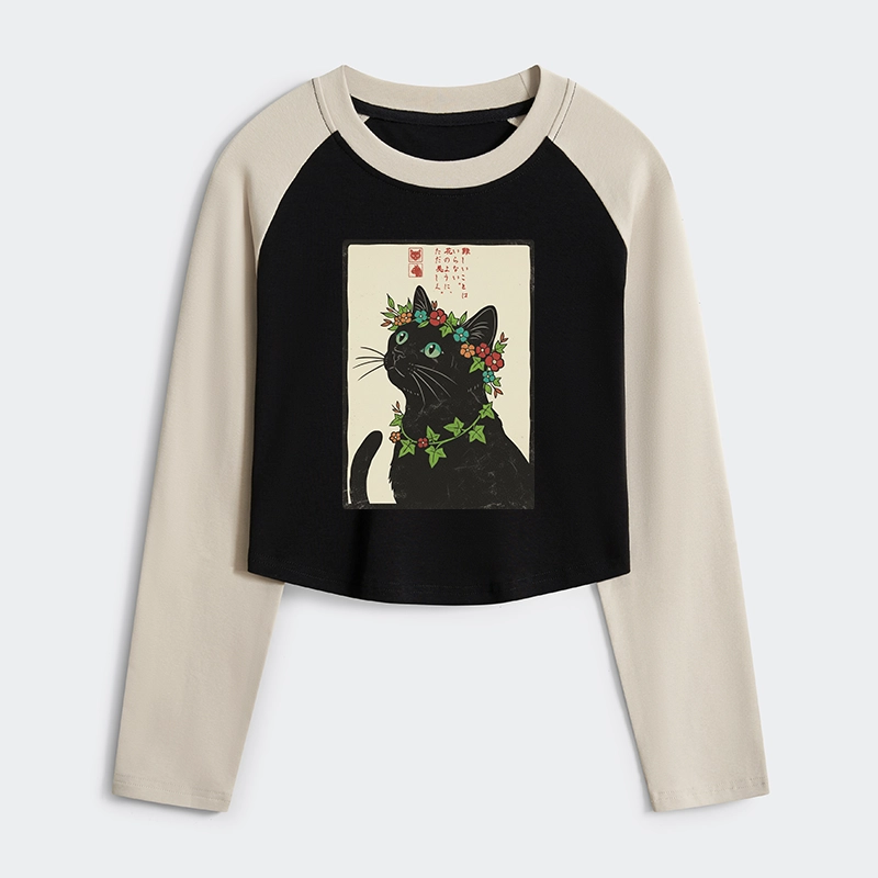 Tokyo-Tiger The Flower-Crowned Cat Women's Crop Raglan T-Shirt