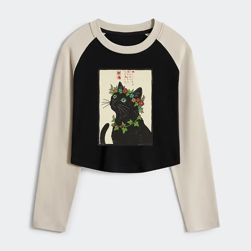 Tokyo-Tiger The Flower-Crowned Cat Women's Crop Raglan T-Shirt