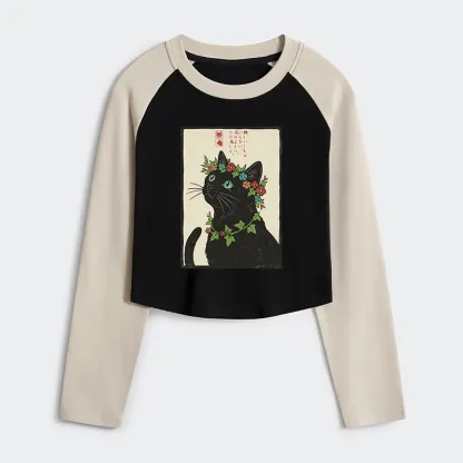 Tokyo-Tiger The Flower-Crowned Cat Women's Crop Raglan T-Shirt