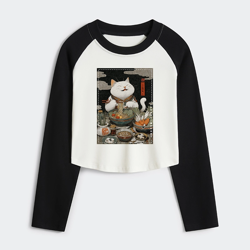 Tokyo-Tiger The Ramen-Loving Cat Women's Crop Raglan T-Shirt