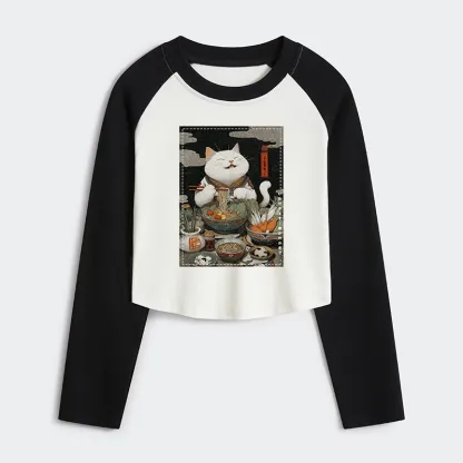 Tokyo-Tiger The Ramen-Loving Cat Women's Crop Raglan T-Shirt