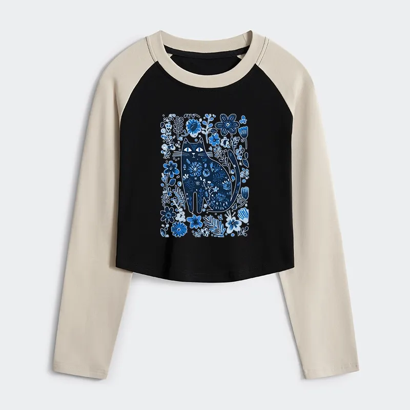 Tokyo-Tiger A Cat Among Flowers Women's Crop Raglan T-Shirt