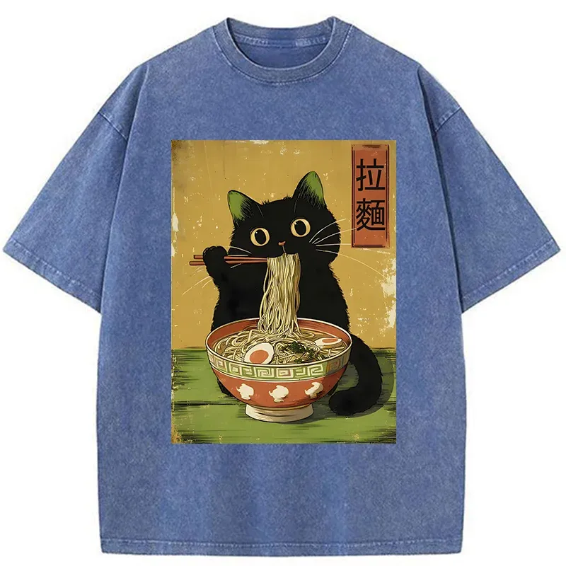 Tokyo-Tiger Vintage Japanese Cat Eating Ramen Washed T-Shirt
