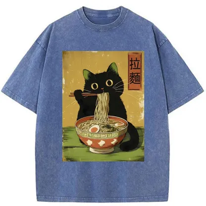 Tokyo-Tiger Vintage Japanese Cat Eating Ramen Washed T-Shirt