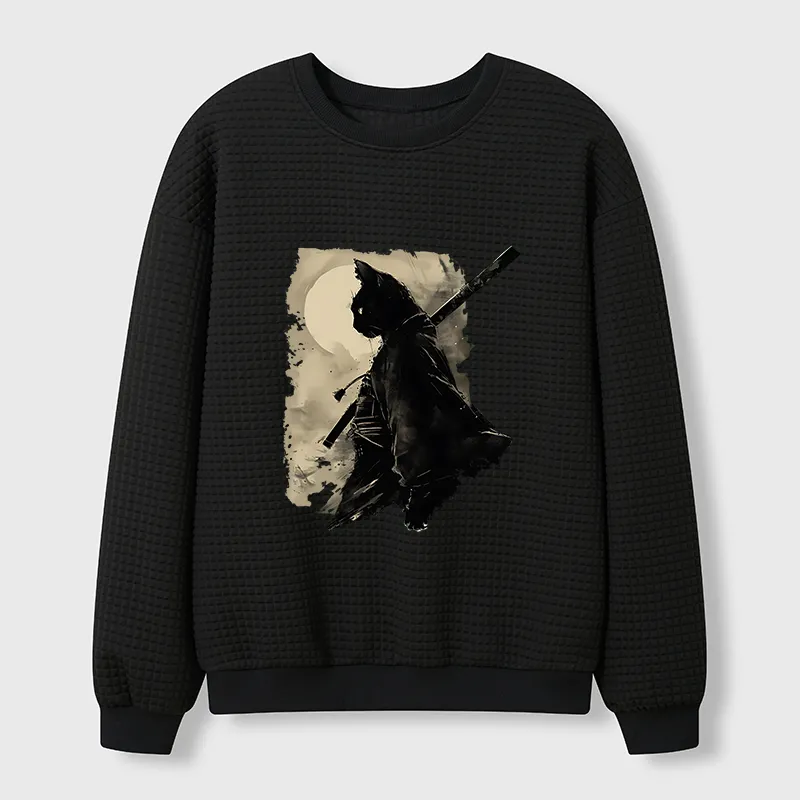 Tokyo-Tiger Under The Moon Cat Samurai Waffle Sweatshirt