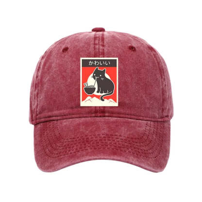 Tokyo-Tiger "Kawaii" Vintage Style Japenese Ramen Cat Washed Cap