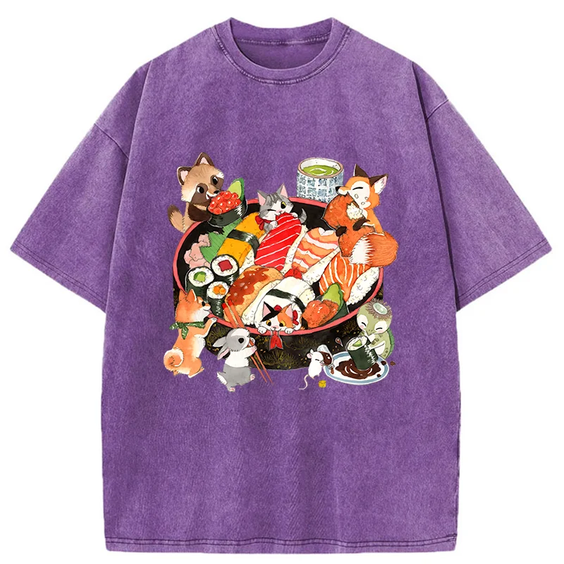 Tokyo-Tiger Sushi Animal Party Washed T-Shirt