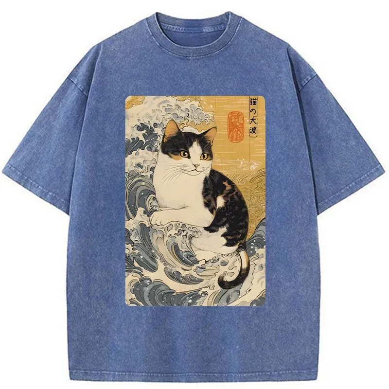 Tokyo-Tiger Surfing Cat Washed T-Shirt