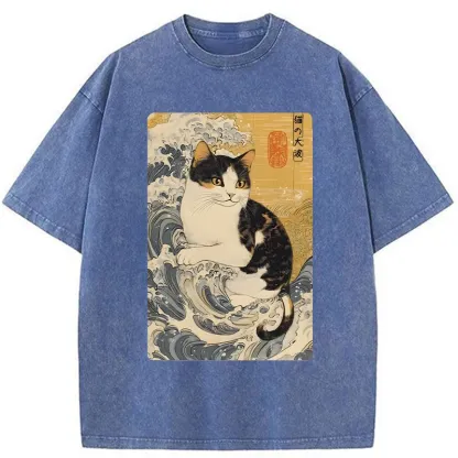 Tokyo-Tiger Surfing Cat Washed T-Shirt
