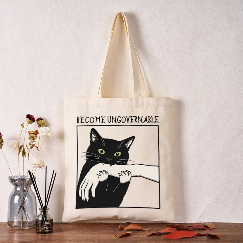 Tokyo-Tiger Black Cat Biting Tote Bag