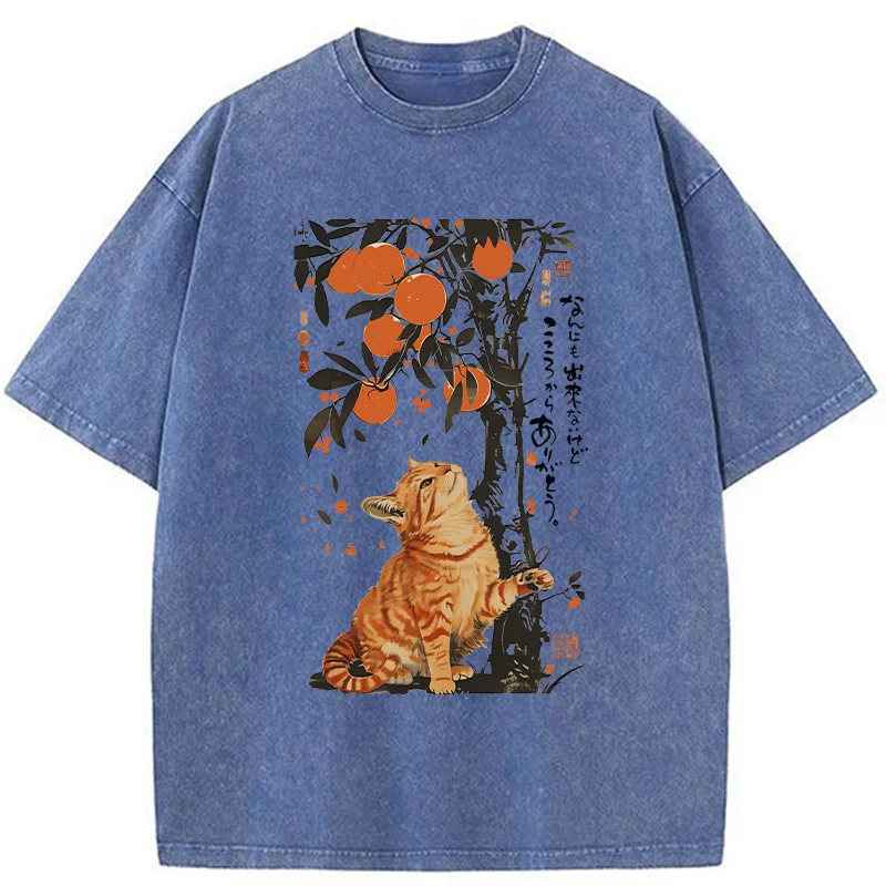 Tokyo-Tiger Orange Cat Wants To Eat Oranges Washed T-Shirt