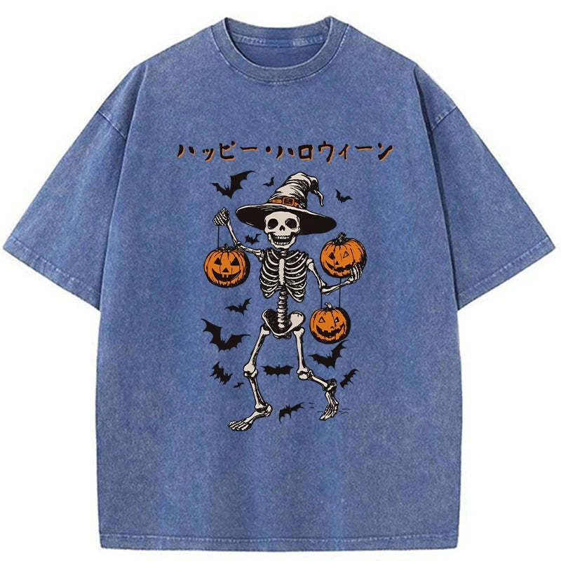 Tokyo-Tiger Skeleton Spooky Season Halloween Washed T-Shirt