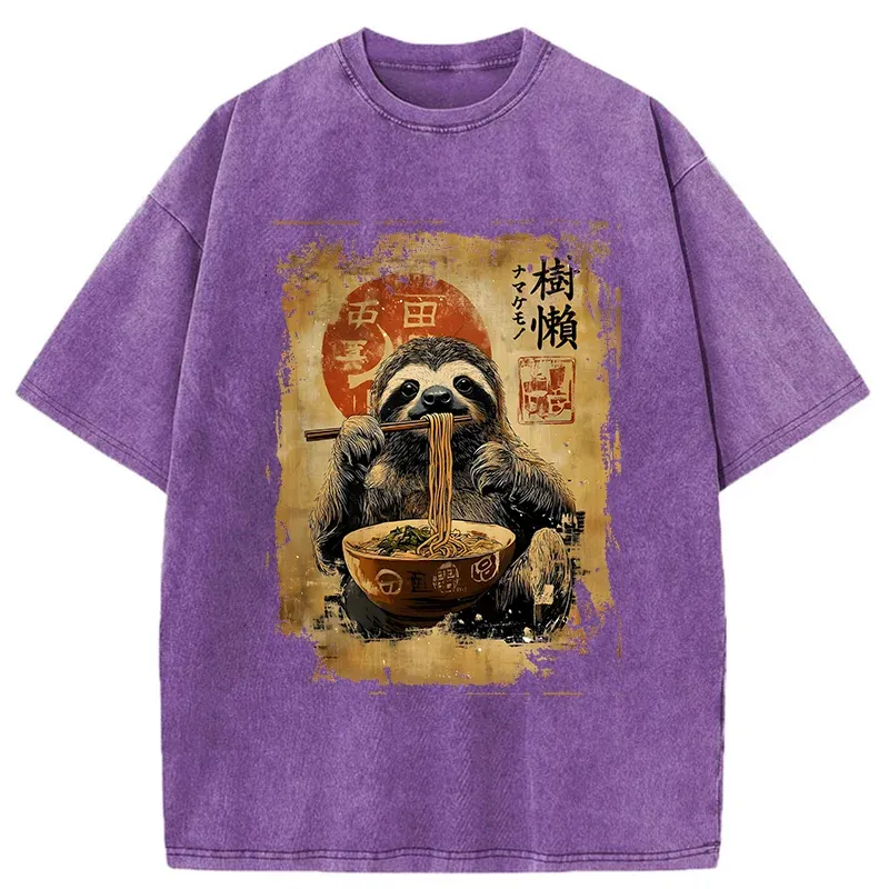 Tokyo-Tiger Sloth Eating Ramen Washed T-Shirt