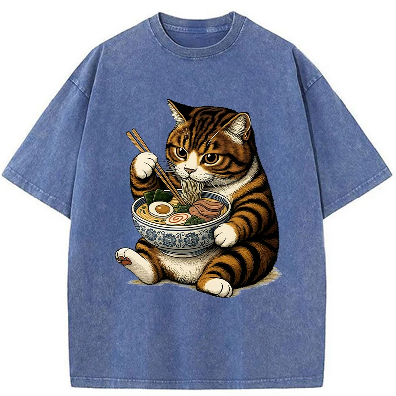 Tokyo-Tiger Tabby Cat Eats Ramen Washed T-Shirt
