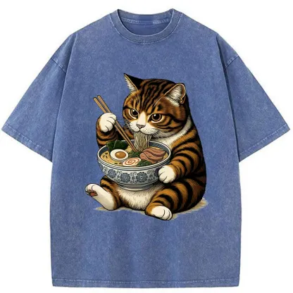Tokyo-Tiger Tabby Cat Eats Ramen Washed T-Shirt