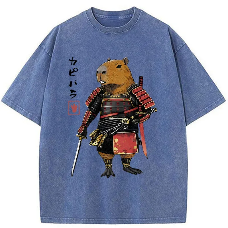 Tokyo-Tiger Capybara Samurai Wearing Armor Washed T-Shirt