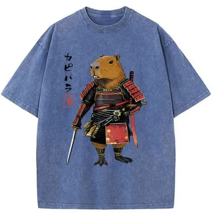 Tokyo-Tiger Capybara Samurai Wearing Armor Washed T-Shirt