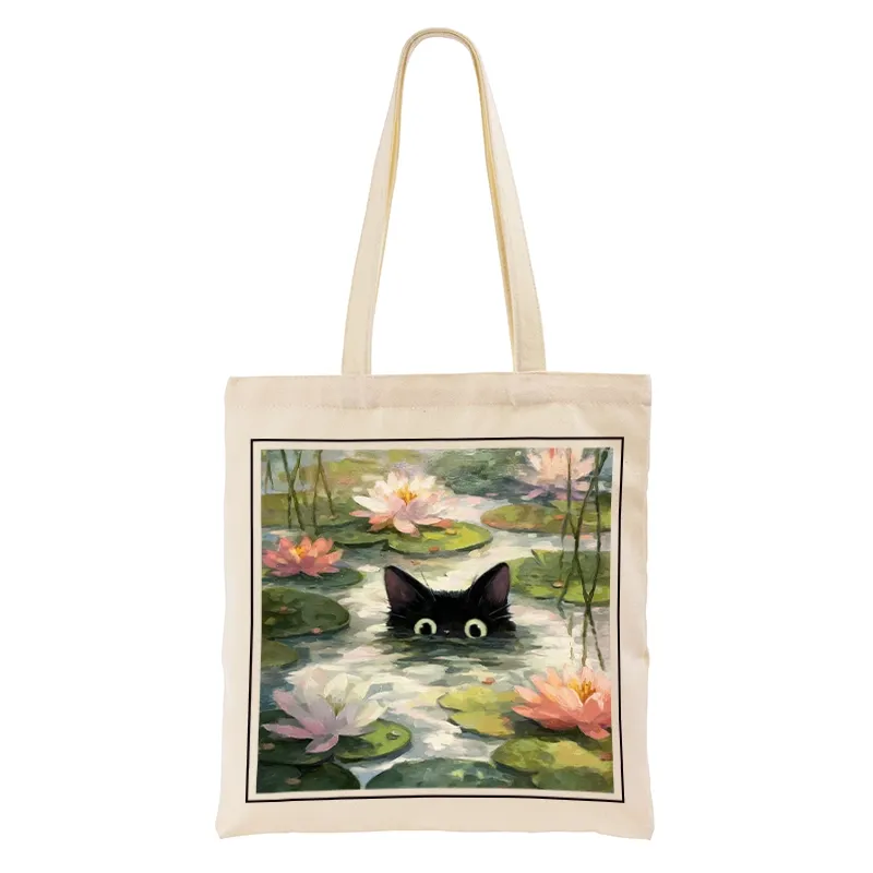 Tokyo-Tiger Black Cat and Lotus Flower Tote Bag