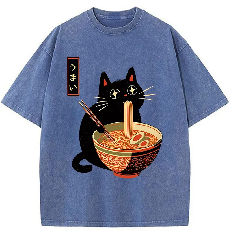 Tokyo-Tiger Cat Eats Super Delicious Ramen Washed T-Shirt Sale