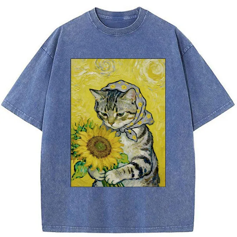 Tokyo-Tiger Cat Is Picking Sunflowers Washed T-Shirt