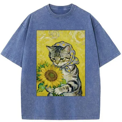 Tokyo-Tiger Cat Is Picking Sunflowers Washed T-Shirt
