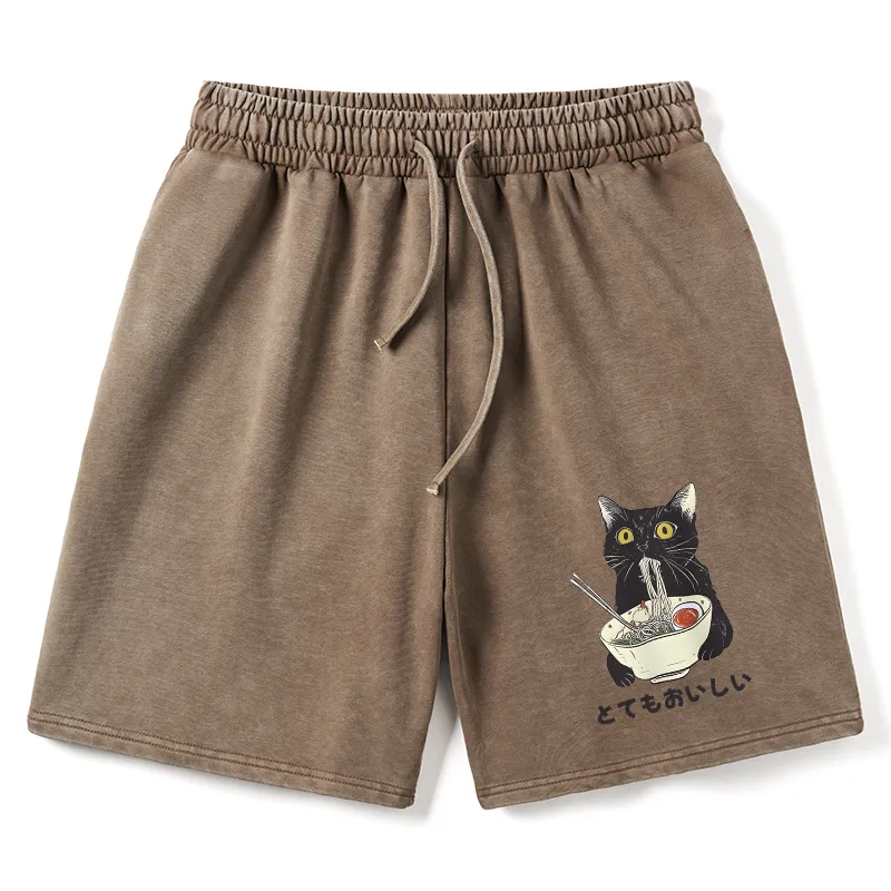 Tokyo-Tiger Cats Eat Ramen Noodles Washed Shorts