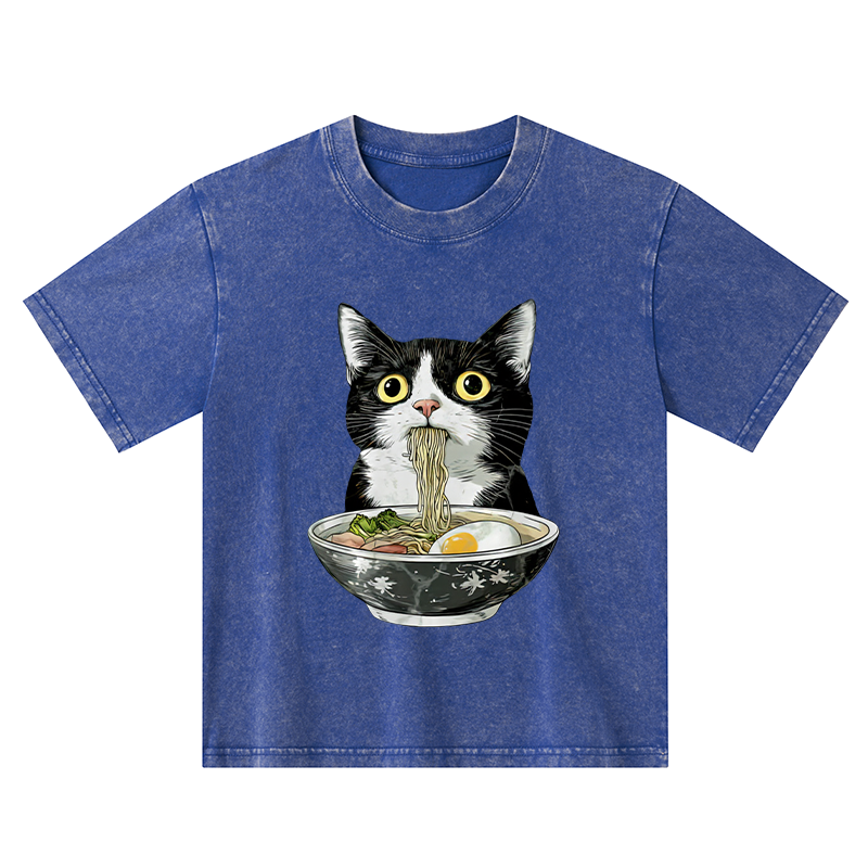 Tokyo-Tiger Cute Cat Eating Japan Ramen Kids Washed T-Shirt