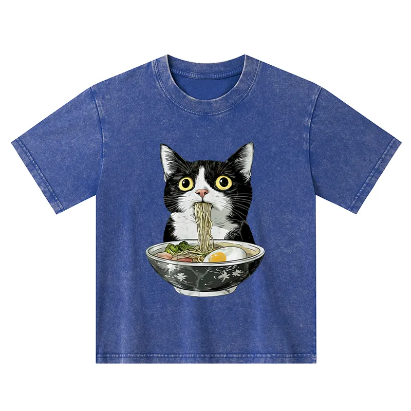 Tokyo-Tiger Cute Cat Eating Japan Ramen Kids Washed T-Shirt
