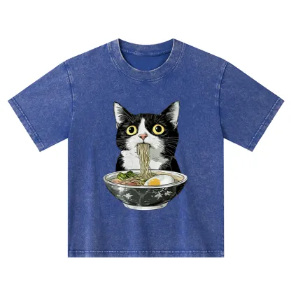 Tokyo-Tiger Cute Cat Eating Japan Ramen Kids Washed T-Shirt