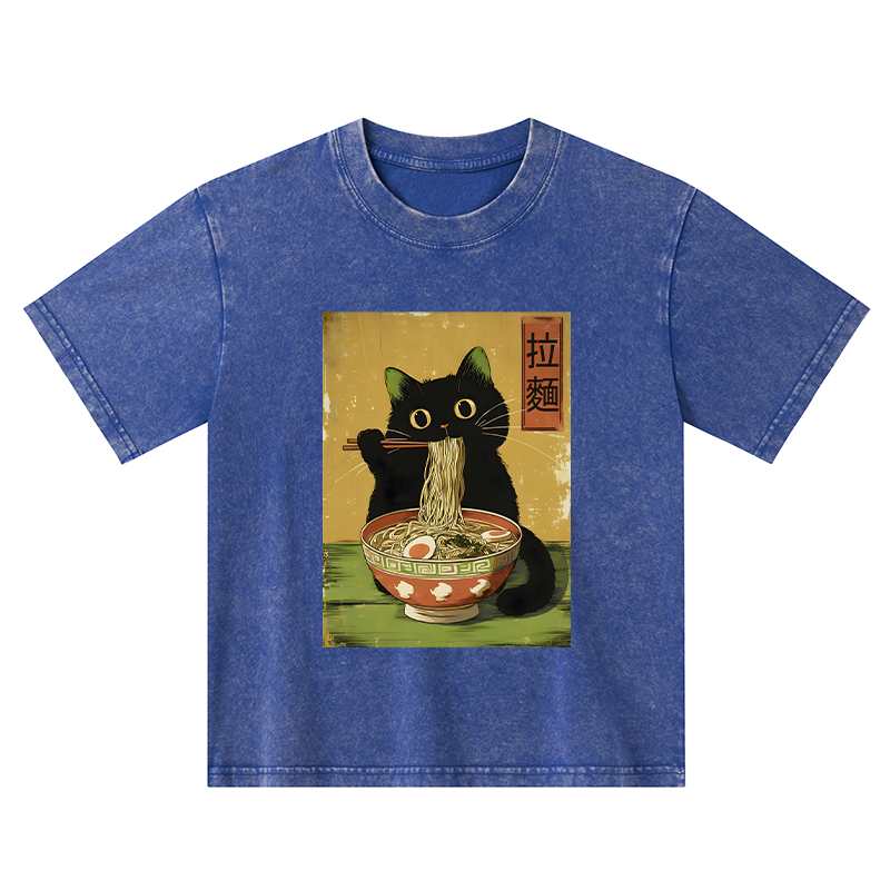 Tokyo-Tiger Vintage Japanese Cat Eating Ramen Kids Washed T-Shirt