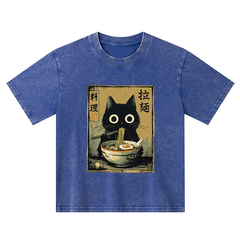 Tokyo-Tiger Cute Black Cat Eating Ramen Japan Kids Washed T-Shirt