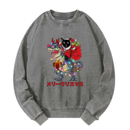 Tokyo-Tiger Cat Riding Dinosaur Christmas Washed Sweatshirt