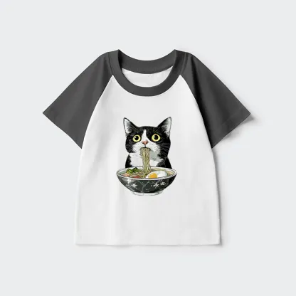 Tokyo-Tiger Cute Cat Eating Japan Ramen Kids Raglan T-shirt