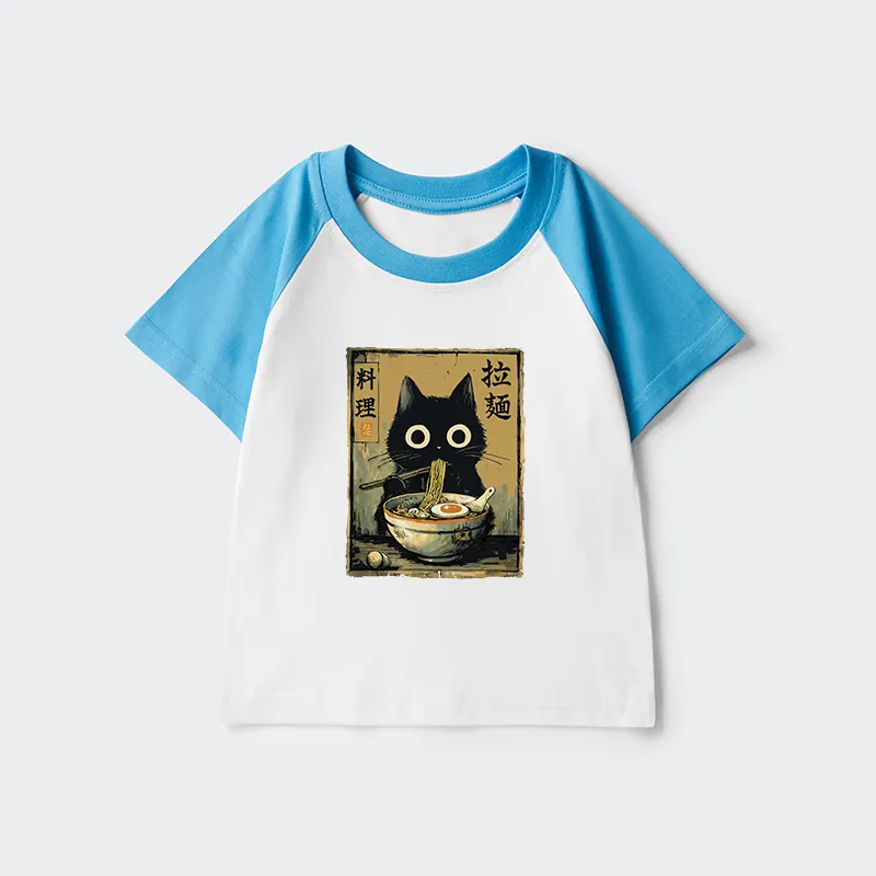 Tokyo-Tiger Cute Black Cat Eating Ramen Japan Kids Raglan T-shirt