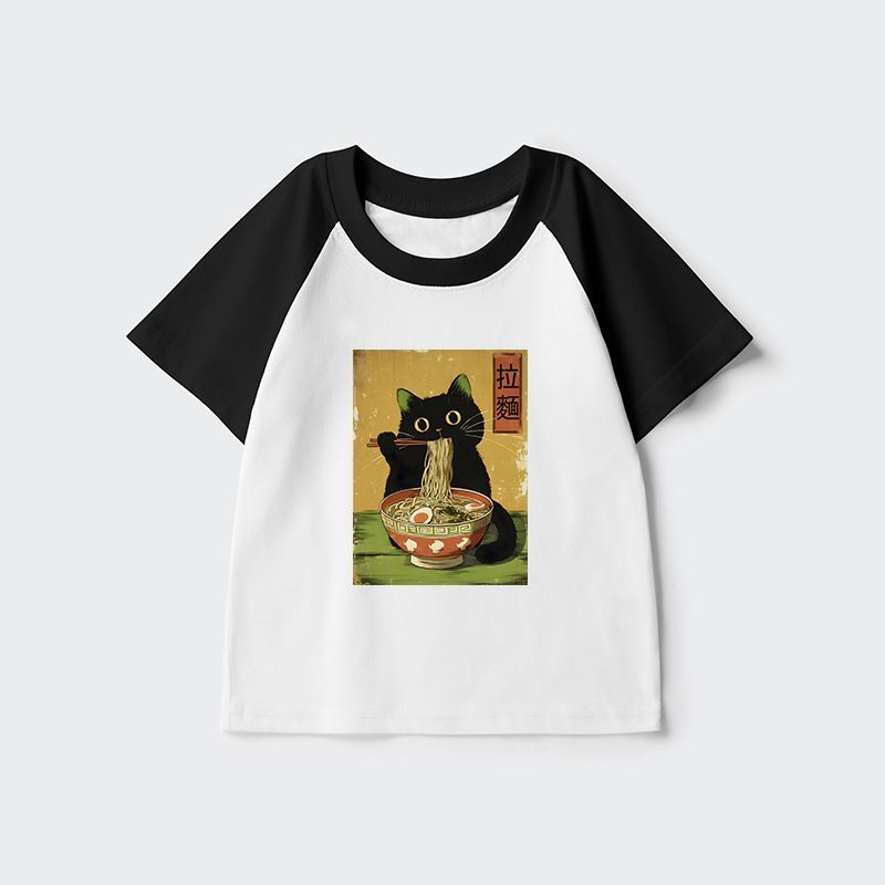 Tokyo-Tiger Vintage Japanese Cat Eating Ramen Kids Raglan T-shirt