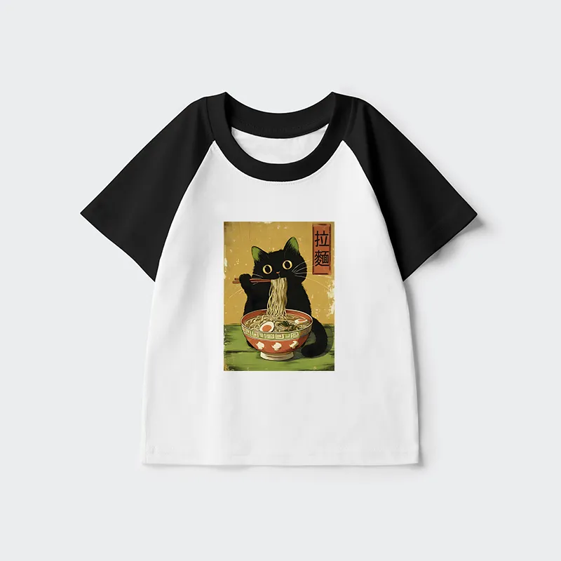 Tokyo-Tiger Vintage Japanese Cat Eating Ramen Kids Raglan T-shirt