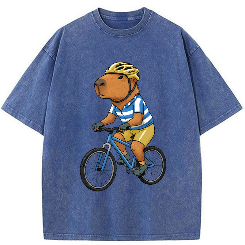 Tokyo-Tiger Capybara Riding A Bicycle Washed T-Shirt