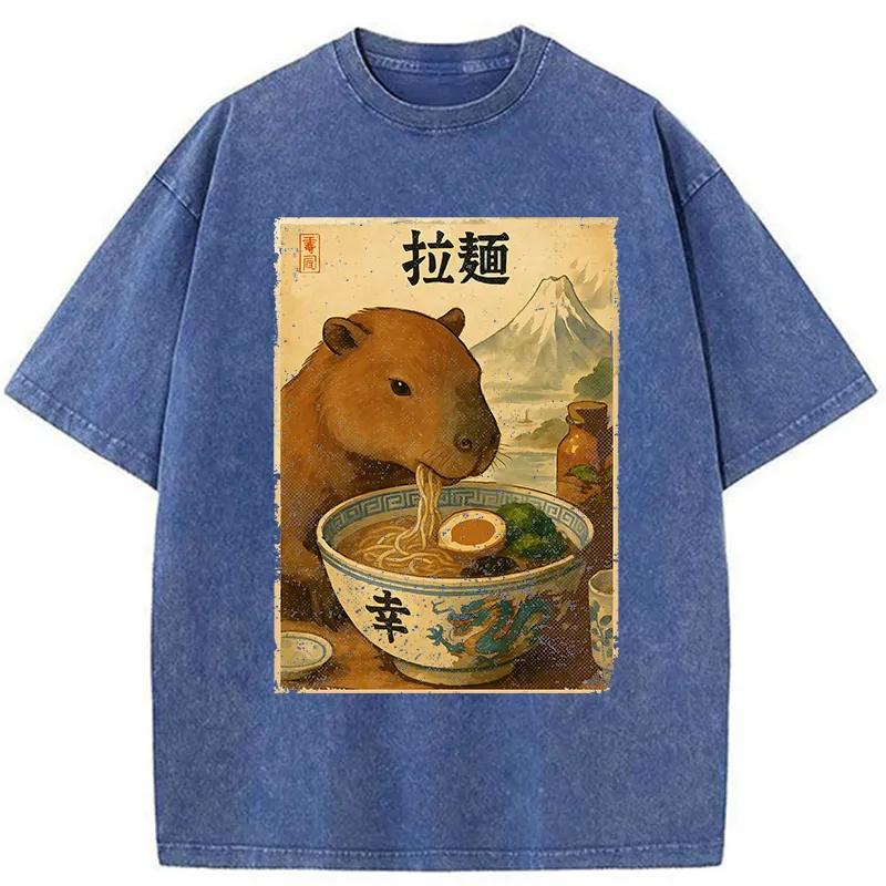 Tokyo-Tiger Capybara Eating Japan Ramen Washed T-Shirt