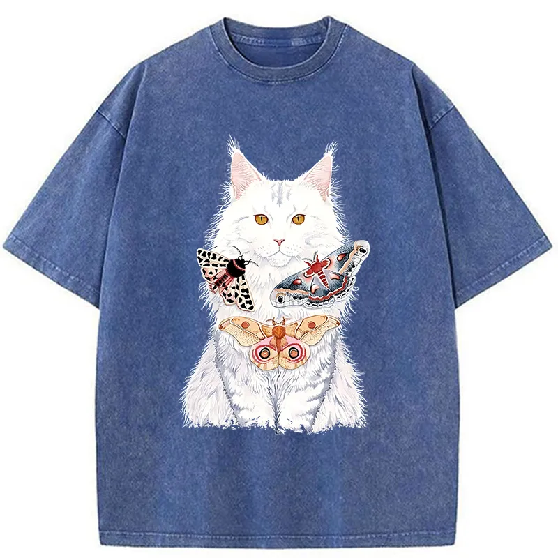 Tokyo-Tiger Elegant White Cat Washed T-Shirt