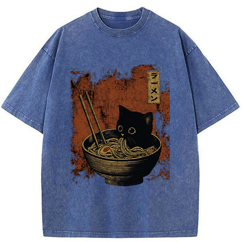 Tokyo-Tiger Retro Cat Eating Japan Ramen Washed T-Shirt
