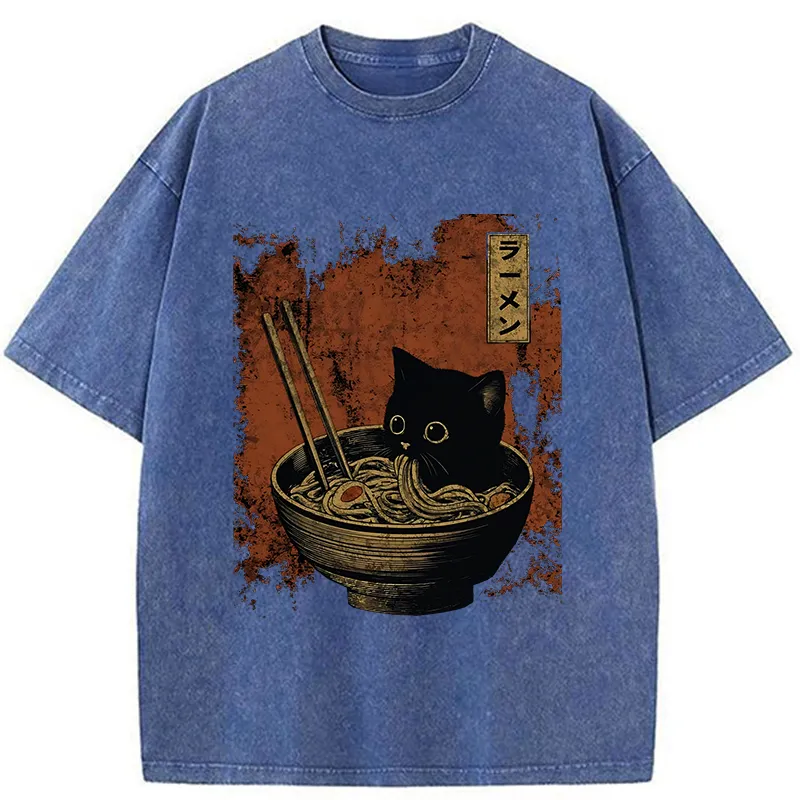 Tokyo-Tiger Retro Cat Eating Japan Ramen Washed T-Shirt