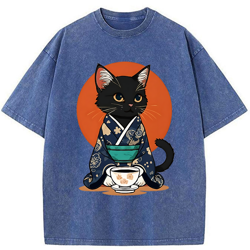 Tokyo-Tiger A Black Cat Wearing A Kimono Washed T-Shirt