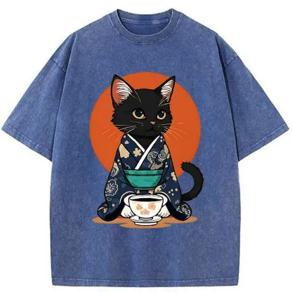 Tokyo-Tiger A Black Cat Wearing A Kimono Washed T-Shirt